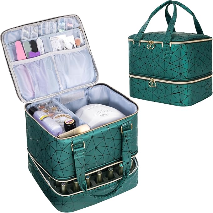 Uross Nail Polish Organizer Bag Holds 42 Bottles Nail Polish & Nail Lamp, Gel Nail Polish Organizers and Storage box for Nail Tech, Nail Kit Supplies Organizer Case - Darkgreen