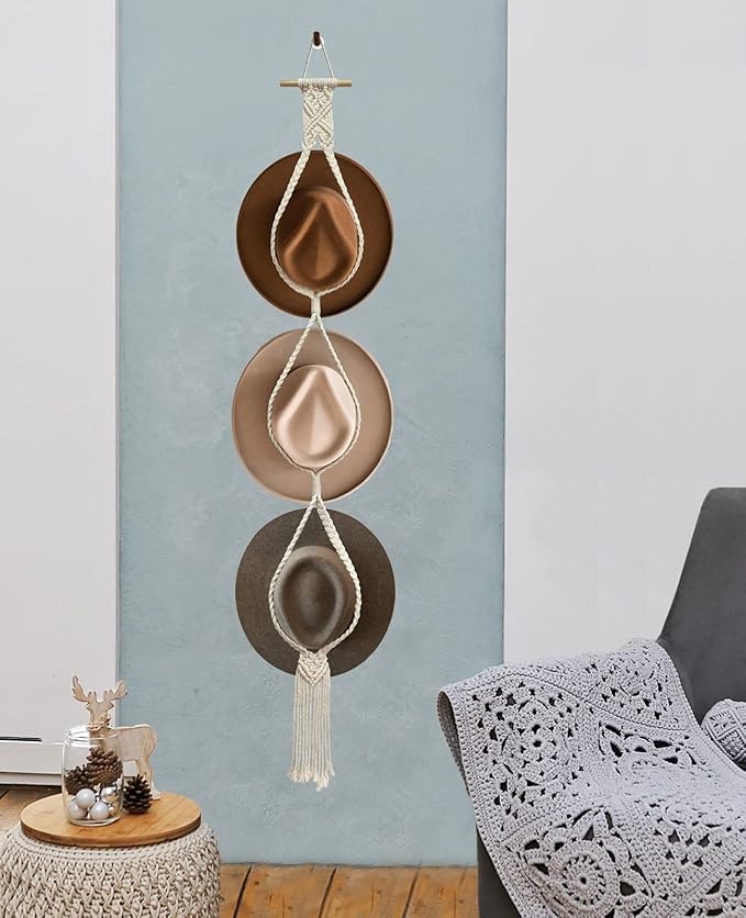 Hat Racks Hat Hangers for Wall, Bohemian Hat Organizer for Wall Hanging Hat Display, Hand Weaving Boho Hat Rack Decorative Cowboy Women Hat Holder for Wide Brim Bowler Fedoras Caps