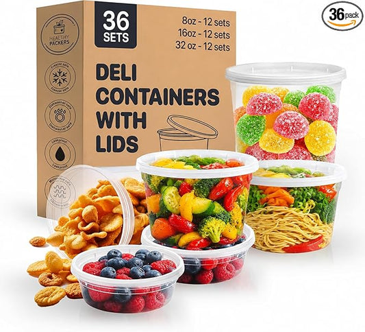 Healthy Packers Food Storage Containers with Airtight Lids - Clear Plastic Food Storage Jars - BPA Free| Leakproof - Microwaveable - Reusable - Dishwasher & Freezer Safe (8oz, 16oz, 32oz) 36 Pack