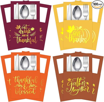 Whaline 100 Pcs Thanksgiving Paper Silverware Bags Foil Gold Give Thanks Cutlery Holders Autumn Harvest Utensil Paper Bag Pocket for Fall Dinner Table Decor