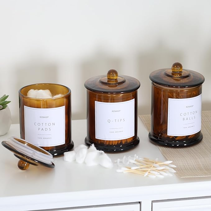 Ronasip 3 Pack Qtip Holder Dispenser, 16oz Bathroom Organizer and Storage Canisters, Glass Apothecary Jars with Lid - Home Decor, Room Decor Aesthetic (Amber)