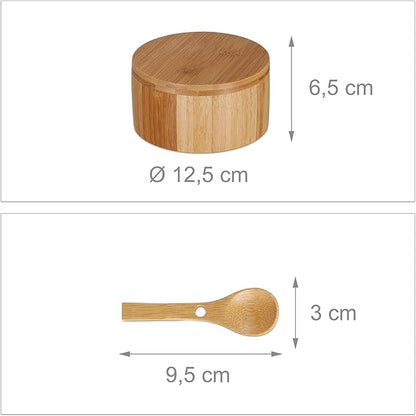 Relaxdays Salt Container with Lid & Spoon, 2 Compartments, Bamboo, Spice Container, H x D 6.5 x 12.5 cm, Magnetic Closure, Natural