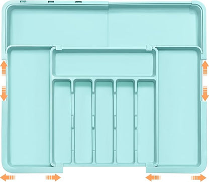 Silverware Organizer Expandable Kitchen Utensil Drawer Organizer Large BPA Free Adjustable Cutlery Silverware Tray for Spoons Forks Knives Storage Divider for Kitchen Flatware 6-9 Slots Turquoise