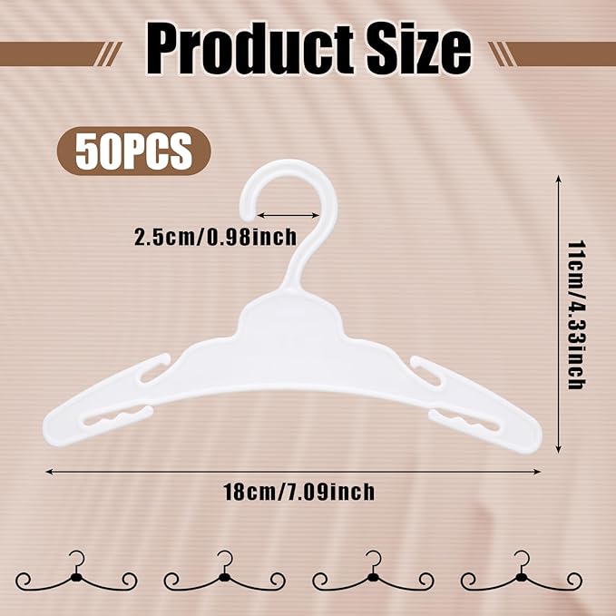 Soulchen 50 Pcs Doll Clothes Hangers for 18 Inch Dolls, White Plastic Clothes Hangers with Non-Slip Clips, Space-Saving Wardrobe Accessories for Gown Dress Outfit