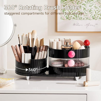 UFORU Makeup Organizer Countertop for Vanity with 360° Rotating Brush Holder, 3 Layer Cosmetic and Jewelry Storage, Makeup Display Case for Skincare&Perfume, Black