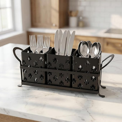 Silverware Caddy with Bee Design, 3 Compartment Metal Utensil Holder with Handles,Silverware Holder for Party Countertop, Kitchen, Outdoor, Cutlery Holder Organizer for Spoon Fork,Black