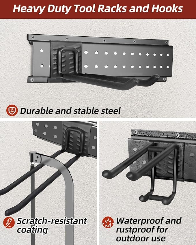 64-Inch Garage Storage Tool Organizer Wall Mount, Heavy Duty Garage Organization Metal Rack with 12 Hooks, Garden Tool Hanger Holder for Broom, Shovels, Ladders, Lawn Tools