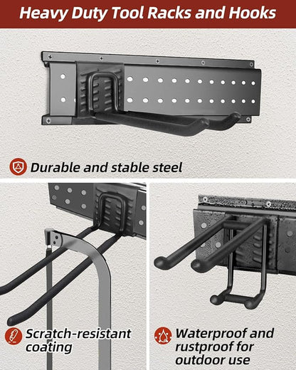 64-Inch Garage Storage Tool Organizer Wall Mount, Heavy Duty Garage Organization Metal Rack with 12 Hooks, Garden Tool Hanger Holder for Broom, Shovels, Ladders, Lawn Tools