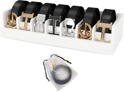 Belt Organizer for Drawer - Bamboo Belt Storage Organizer | Belt Rack for Closet Wall Mount Men Women Tie Sock Bra Scarf Ribbon(White, 7 Grids)