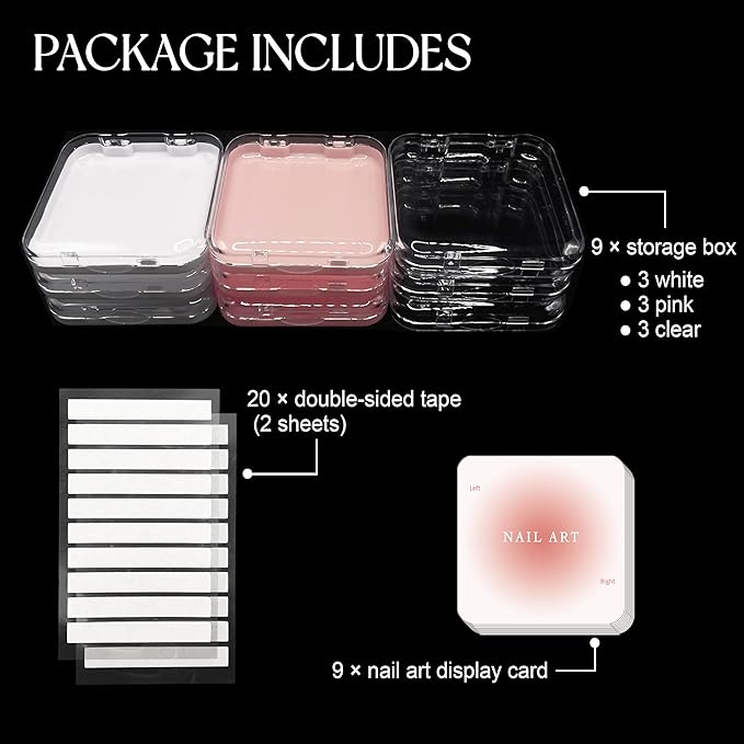 Qsnidy 9 Pcs Press On Nail Storage Box in 3 Colors, Acrylic Fake Nail Case with 9 Display Cards and 2 Sheets of Double-Sided Adhesive Tape (20 Strips) for Nail Art Home Salon Packaging Use