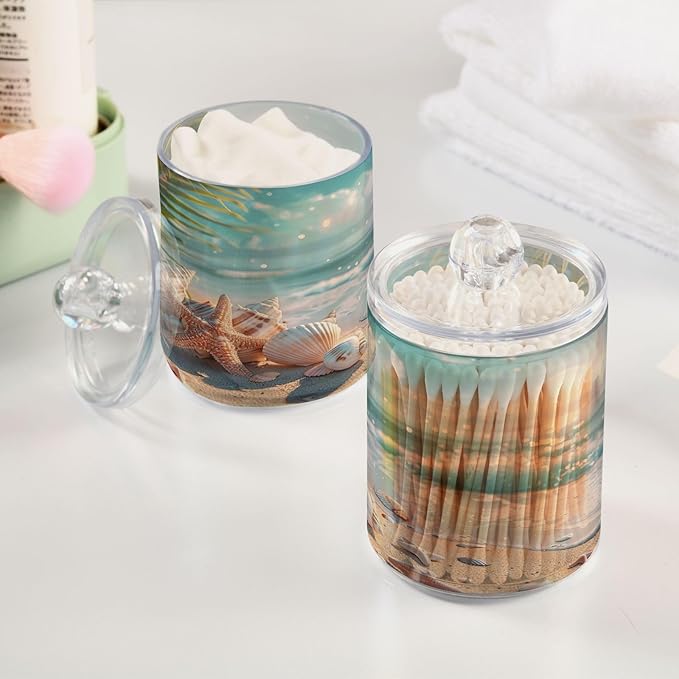 2 Pack Qtip Holder Dispenser Beach Seashell Pattern 10 Oz Bathroom Organizer with Lids Storage Canister for Cotton Ball,Cotton Swab,Cotton Round Pads,Floss