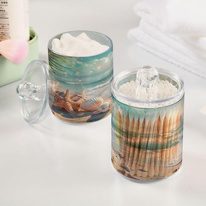 2 Pack Qtip Holder Dispenser Beach Seashell Pattern 10 Oz Bathroom Organizer with Lids Storage Canister for Cotton Ball,Cotton Swab,Cotton Round Pads,Floss