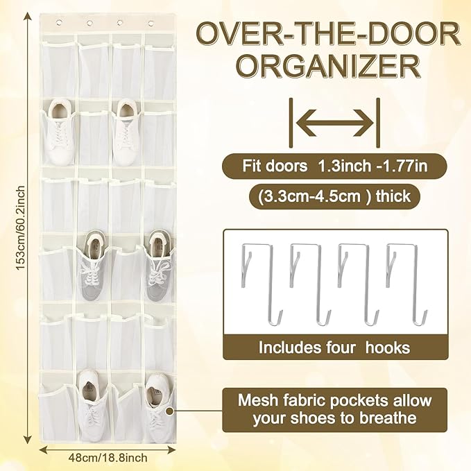 Batiyeer Over the Door Shoe Organizer Cotton Material 24 Large Breathable Mesh Pockets with 4 Pcs Hooks Closet Rack Hanger Holds up to 40 Lbs Space Saving Hanging Storage Holder