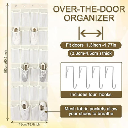 Batiyeer Over the Door Shoe Organizer Cotton Material 24 Large Breathable Mesh Pockets with 4 Pcs Hooks Closet Rack Hanger Holds up to 40 Lbs Space Saving Hanging Storage Holder
