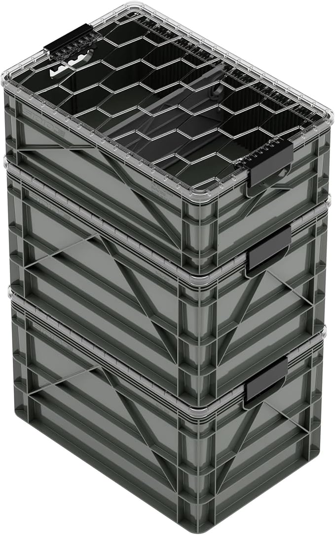 SIDIO CRATE Starter Pack - Two Full Size and One Half Size Heavy Duty Stackable Storage Bins, Totes with Lids and Dividers - Durable Organizer for Home, Office, Garage, and Outdoor Use - Stealth