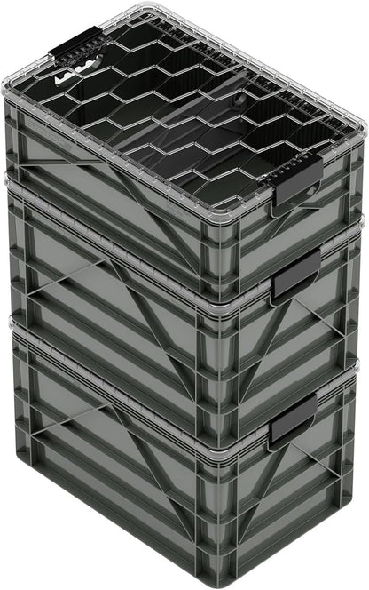 SIDIO CRATE Starter Pack - Two Full Size and One Half Size Heavy Duty Stackable Storage Bins, Totes with Lids and Dividers - Durable Organizer for Home, Office, Garage, and Outdoor Use - Stealth