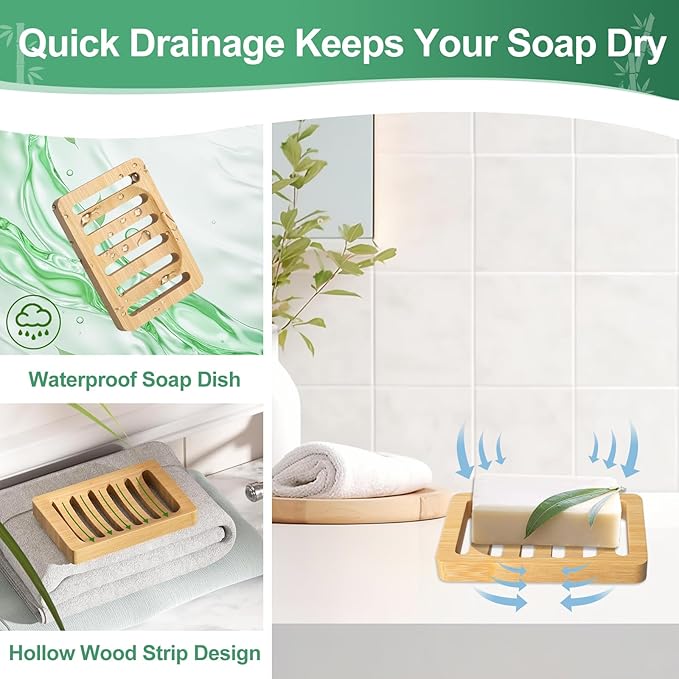 2 Pack Wooden Soap Holder Bamboo Soap Dish for Shower with Self Draining Tray Natural Bar Soap Holder and Soap Saver for Bathroom Kitchen Sink