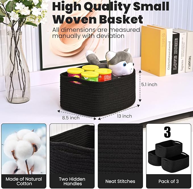 ICERZCZ Small Black Baskets for Organizing, Storage Baskets for Shelves, Small Woven Cotton Rope Basket for Storage, Basket for Gifts Empty, 13"×8.5"×5.1" (3 Packs) Black