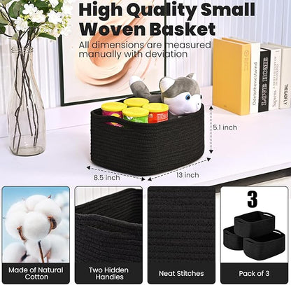ICERZCZ Small Black Baskets for Organizing, Storage Baskets for Shelves, Small Woven Cotton Rope Basket for Storage, Basket for Gifts Empty, 13"×8.5"×5.1" (3 Packs) Black
