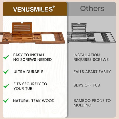 Venusmiles Teak Bathtub Tray Caddy, Foldable Bath Tray with Expandable Handles, Wine Glass and Phone Holders, Book Stand, for Home Spa Relaxation, Luxury Bathroom Accessories - Light Walnut Color