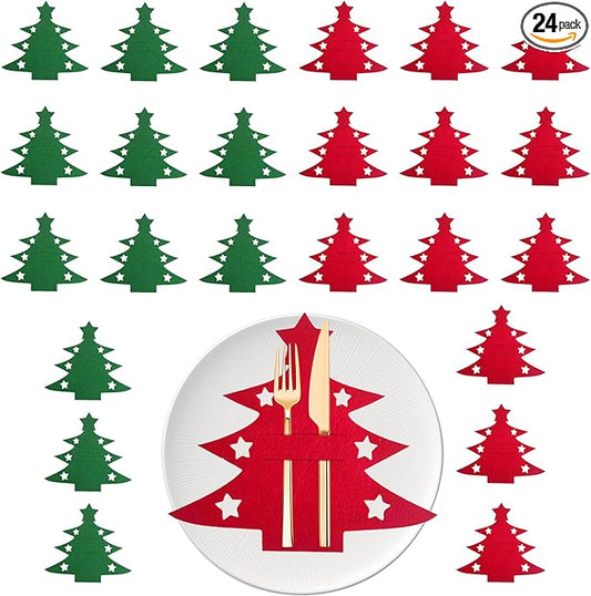 Christmas Cutlery Holder, 24 Pcs Green Red Christmas Tree Silverware Holder Pockets, Xmas Utensil Bag Spoon Knife Fork Bags Xmas Party Dinner Table Decorations Supplies