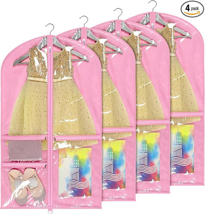 Univivi Dance Costume Bags Garment Bag 40 Inch Hanging Clothes for Dance Competitions, with 3 Medium Clear Zipper Pockets for Dance Costumes, Closet Storage (Pink) - 4 Pack