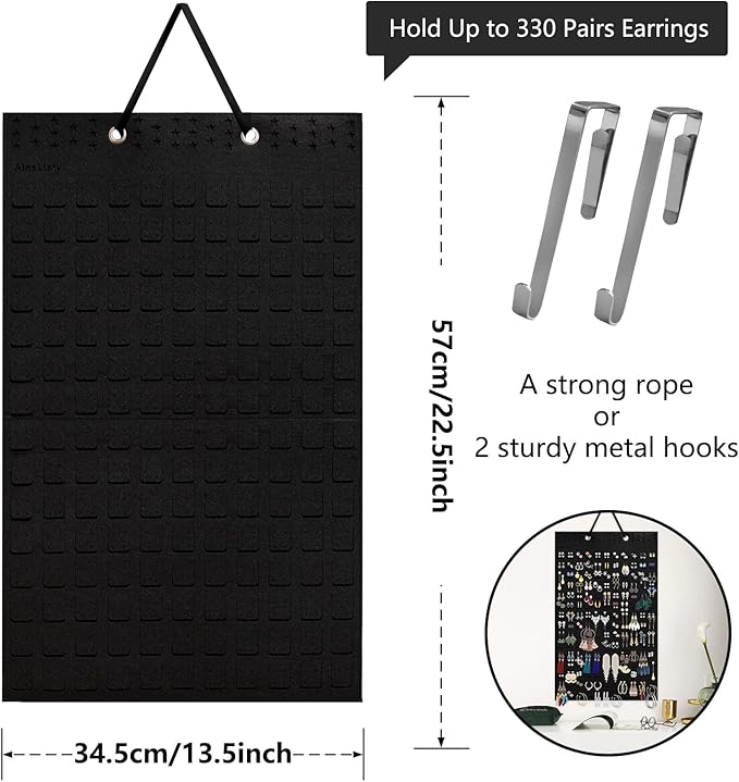 Earring Organizer Hanging Earring Holder, Holds Up To 330 Pairs, Soft Felt Wall Mount Earring Display Holder Stud Earrings Organizer for Women Girls - 2 Pack (Include Metal Hook and Rope)