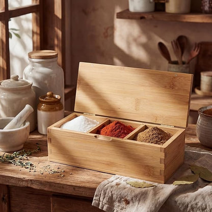 Bamboo Salt Cellar Spice Box with Magnetic Lid 29oz Large Capacity Salt Organizer 3 Compartments for Kitchen Countertop, Pepper, Seasonings, Spices, Grilling & Cooking