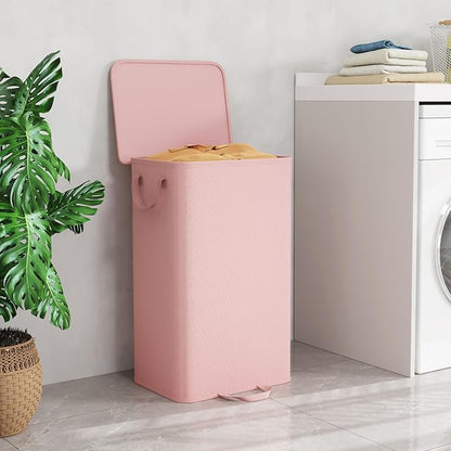 Lifewit Single Laundry Hamper with Lid and Removable Laundry Bags, Large Collapsible 1 Dividers Dirty Clothes Basket with Handles for Bedroom Laundry Room Closet Bathroom College, 100L Pink