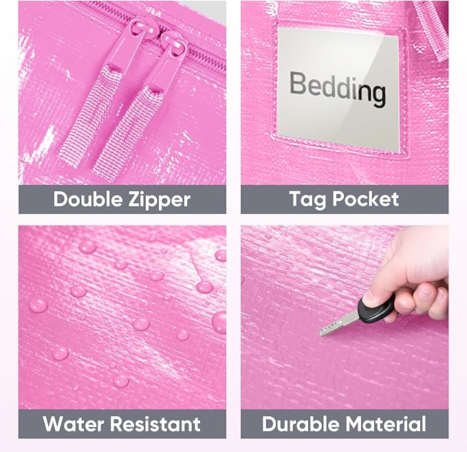 TICONN 8 Pack Extra Large Moving Bags Heavy Duty with Zippers & Carrying Handles, Durable Storage Bags Moving Boxes for Closet Organizers and Storage (8 Pack, Pink)