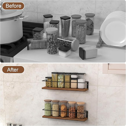 Spice Rack Self-Adhesive or drilling, Rustic Style Hanging Spice Rack, Spice Organization for Cabinet Door or Wall Mount, Over The Stove, Kitchen Wall, 2-Pack
