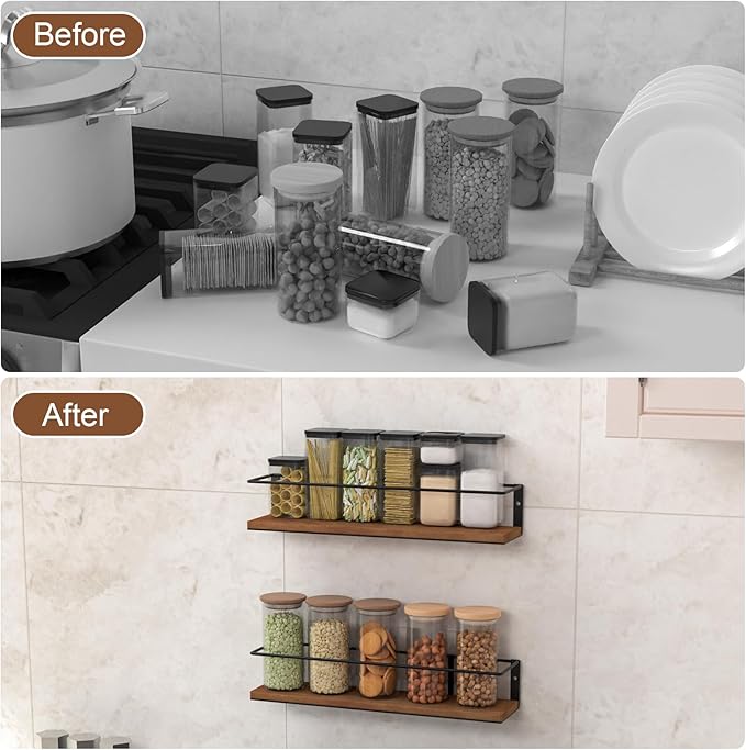 Spice Rack Self-Adhesive or drilling, Rustic Style Hanging Spice Rack, Spice Organization for Cabinet Door or Wall Mount, Over The Stove, Kitchen Wall, 4-Pack