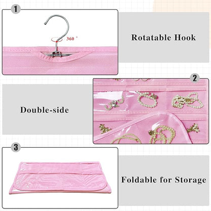 2 Pack Hanging Jewelry Organizer 80-Pocket Dual-sided Jewelry Storage for Earring Necklace Bracelet Ring Travel Holder, Pink