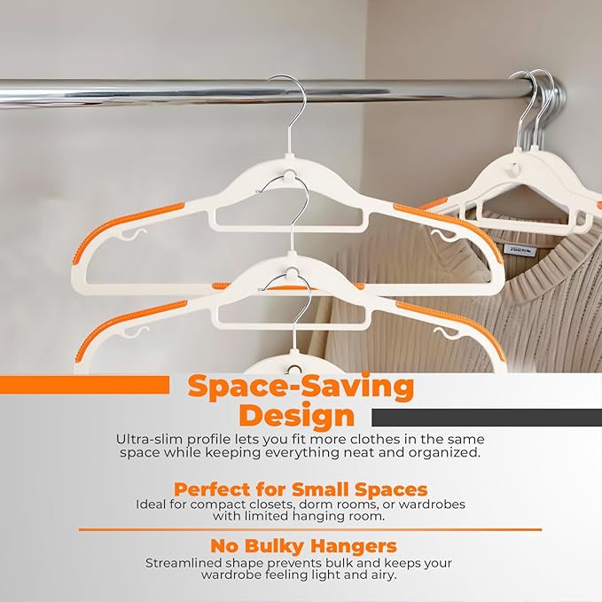 Lightweight White Plastic Hangers 10 Pack with Cascading Hook, Space Saving Thin, Closet Organizer, Orange Anti-Slip Pads, 360° Swivel, Tie Holder