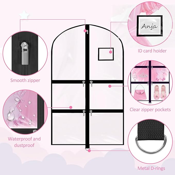 Garment Bags for Dance Costumes - 40 Inch Clear PVC with 5 Zipper Pockets (3 Pack) - Kids Dance Garment Bag for Dancers, Hanging Clothes Storage, Competitions & Travel (‎Clear Black)