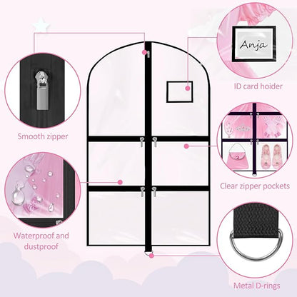 Garment Bags for Dance Costumes - 40 Inch Clear PVC with 5 Zipper Pockets (3 Pack) - Kids Dance Garment Bag for Dancers, Hanging Clothes Storage, Competitions & Travel (‎Clear Black)