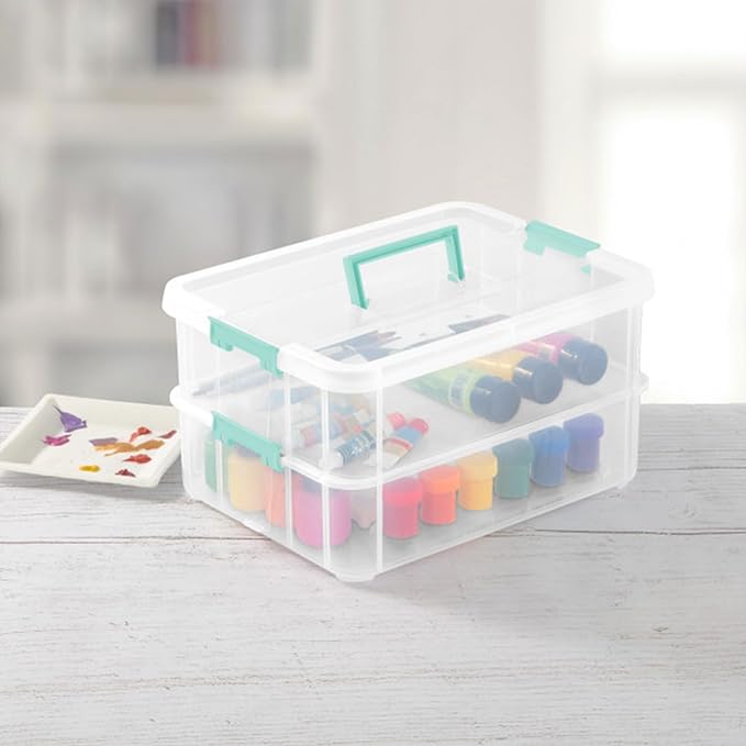 Sterilite 8-Pack Stack & Carry, 2 Layer Handle Box for Home & Office Storage - Clear Base & Lid with Color Latches, Organizer for Art & Craft Supplies, Sewing Tools or 8.5" x 11" Paper
