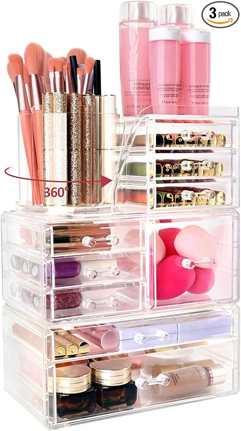 Clear Makeup Organizer with 9 Drawers & Rotating Brush Holder - Large Capacity Cosmetic Display Cases Storage for Vanity, Countertop, Bathroom, Lipstick and Skincare Organization