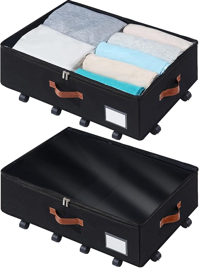 Freebat Under Bed Storage Organizer with Wheels, Underbed Container with Clear Lid Cover, Storage Bag Box with Visiable Window for Clothes, Bedsheet, Pillow, 2 Pack，7.5 inches