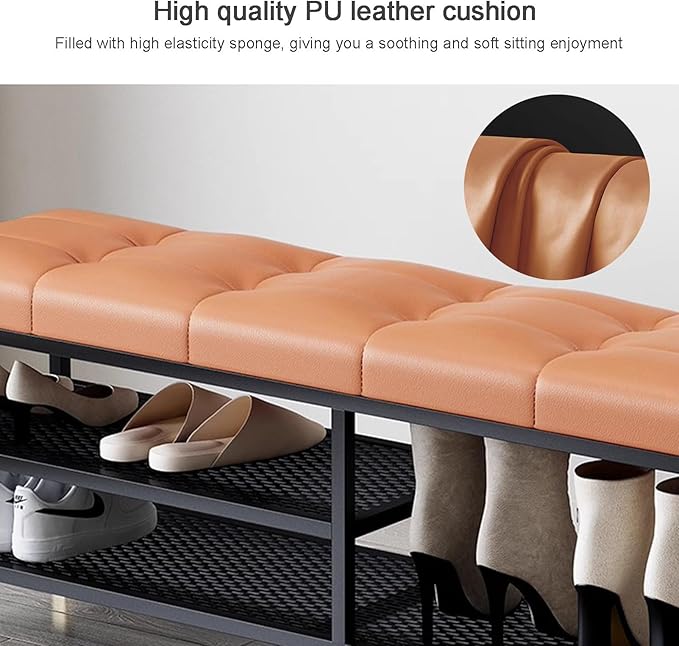 3 Tier Shoe Organizer for Entryway, Shoe Racks with Cushion, Black Metal Frame Hallway Bench for Living Room Bedroom,Gray,60 x 32 x 47 cm