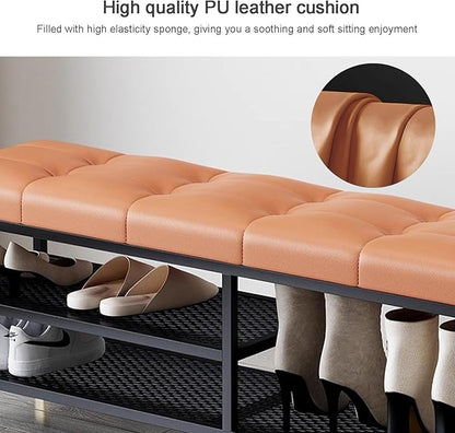 3 Tier Shoe Organizer for Entryway, Shoe Racks with Cushion, Black Metal Frame Hallway Bench for Living Room Bedroom,Gray,60 x 32 x 47 cm