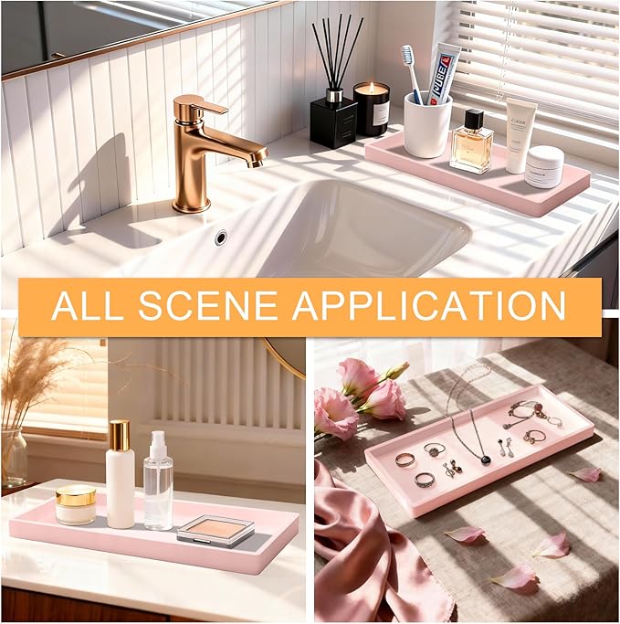 Bathroom Vanity Tray 2 Pack, 11.8 x 5 Inch Silicone Bathroom Counter Tray, Large Candle Trays for Dresser and Waterproof Organizer for Vanity, Kitchen, Toilet, Pink