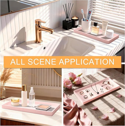 Bathroom Vanity Tray 2 Pack, 11.8 x 5 Inch Silicone Bathroom Counter Tray, Large Candle Trays for Dresser and Waterproof Organizer for Vanity, Kitchen, Toilet, Pink