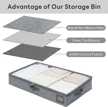 6-Inch Under Bed Storage Containers (2-Pack) | Sturdy Sidewalls | Clear Cover & Label Holder | Foldable Fabric Closet Bin Organizer | Stores Clothing/Blankets/Sweaters/Sheets