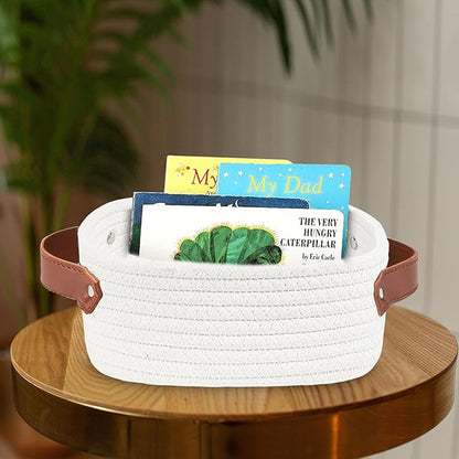 ABenkle Small Storage Basket, Mini Rope Woven Baskets, Cute Shelf Closet Storage Organizer, Boho Decorative Toy Bin for Nursery, Living Room, Spa, Empty Gift Baskets - XS, White
