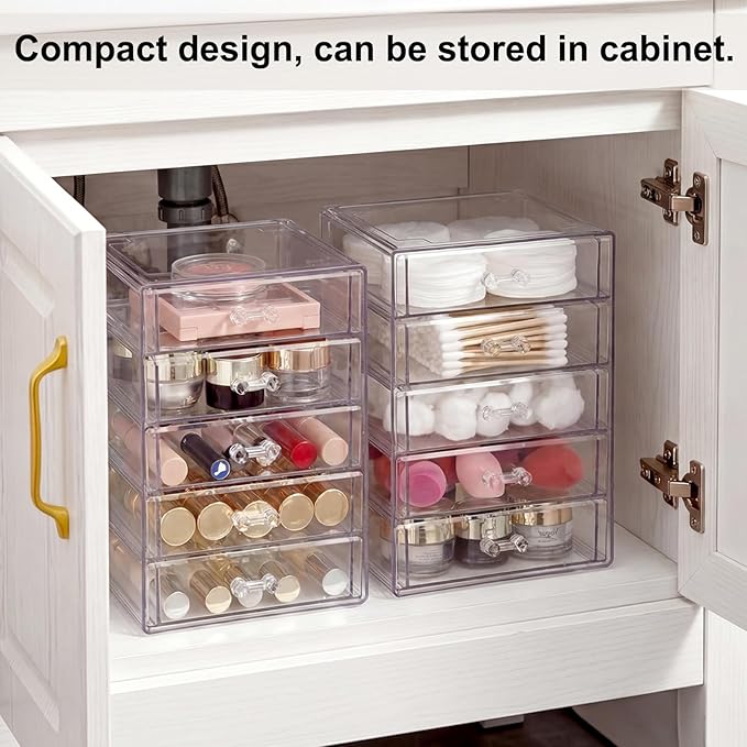 ELLDOO Rollerball Perfume Organizer with 5 Drawer, Clear Acrylic Perfume Storage Holder Beauty Scent Holder, Makeup Lipgloss Lipstick Display Case Office Supplies Box