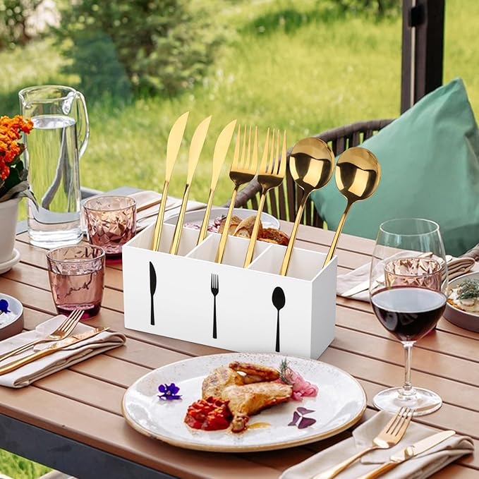 Hxezoc White Acrylic Cutlery Storage Organizer, Plastic Silverware Caddy 3 Section Tableware Holder for Kitchen Indoor Outdoor Decoration Supplies