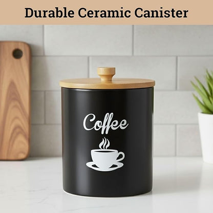 Ceramic Coffee Canister - 12 oz Black Airtight Canister - 5 x 6 inch Coffee Bean Storage Container - Stylish Countertop Container for Grounds, Beans, Pods & More with Rubber-Lined Bamboo Lid
