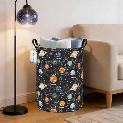 Kids Laundry Hamper, Large Collapsible Round Solar System Space Themed Laundry Basket, Waterproof Fabric Planets Organizer with Handles for Boys Bedroom Nursery Playroom