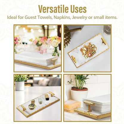 Guest Towel Holder Tray for Bathroom - Premium Marble Tray with Gold Rim - Bathroom Hand Towel Tray, The Perfect Vanity Tray for Bathroom. Ideal Valentines Day Gift.
